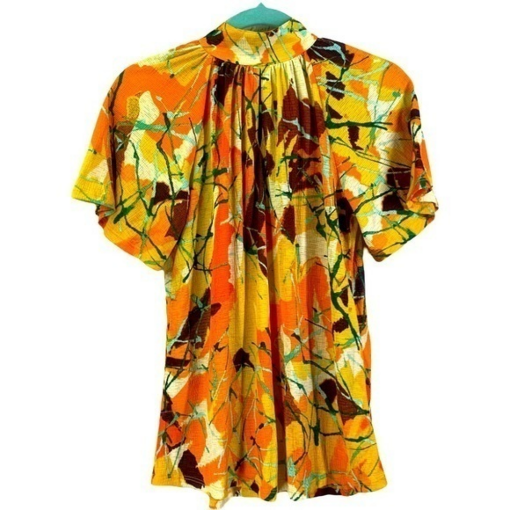 Vintage Yellow &‎ Orange Floral Print Mock Neck Keyhole Blouse